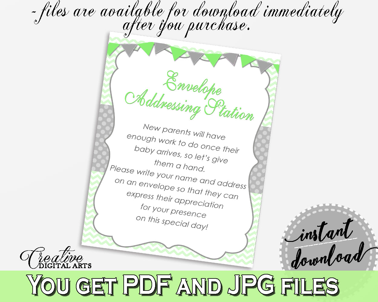 ENVELOPE ADDRESSING STATION baby shower sign with green chevron theme for girl or boy shower, digital file Jpg Pdf, instant download - cgr01