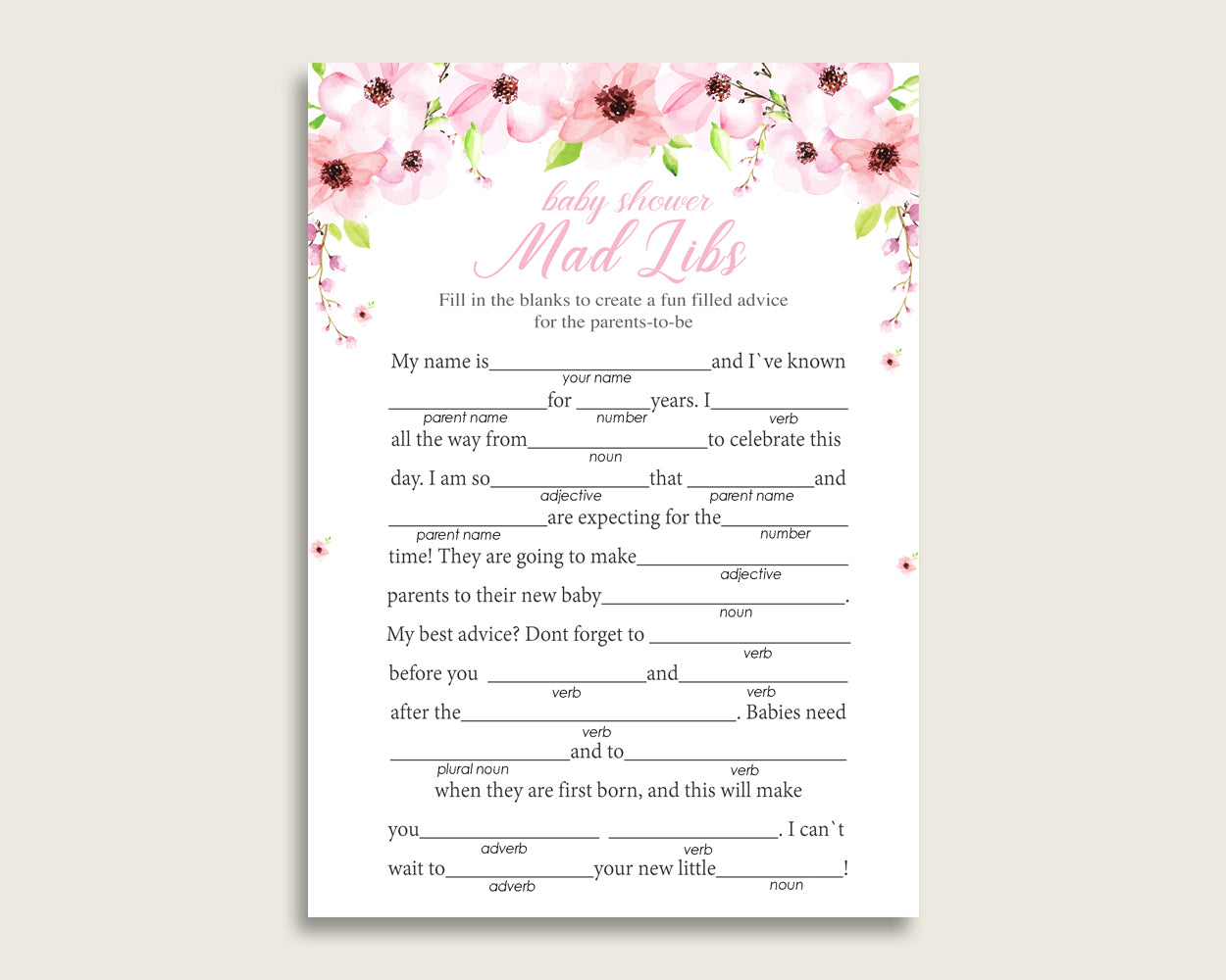 Pink Green Mad Libs Baby Shower Girl Game Printable, Flower Blush Mad Libs Fun Activity, DIY digital file, Watercolor Most Popular VH1KL