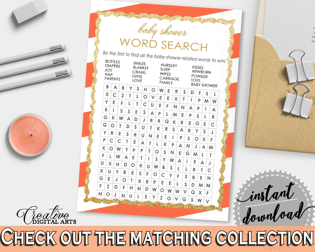 Baby Shower WORD SEARCH game with glitter and orange stripe themed printable, digital files jpg pdf, instant download - bs003