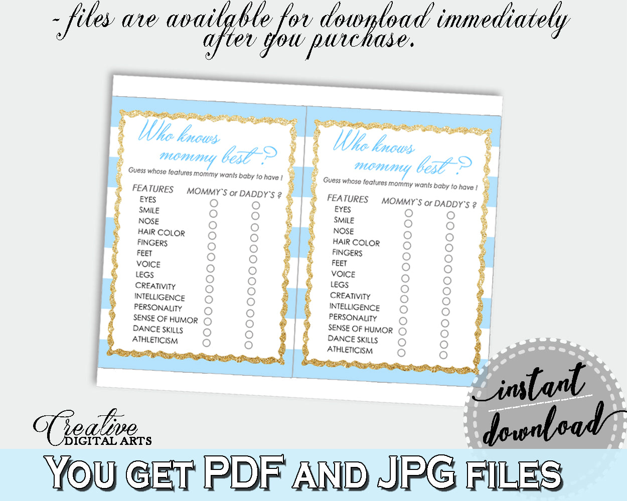 Who KNOWS MOMMY BEST baby shower printable game with blue and white stripes theme, gold glitter, instant download - bs002