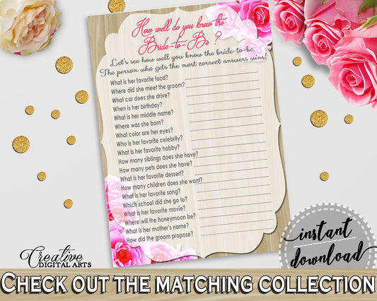 Roses On Wood Bridal Shower How Well Do You Know The Bride To Be in Pink And Beige, knowing the bride, plank shower, party planning - B9MAI - Digital Product