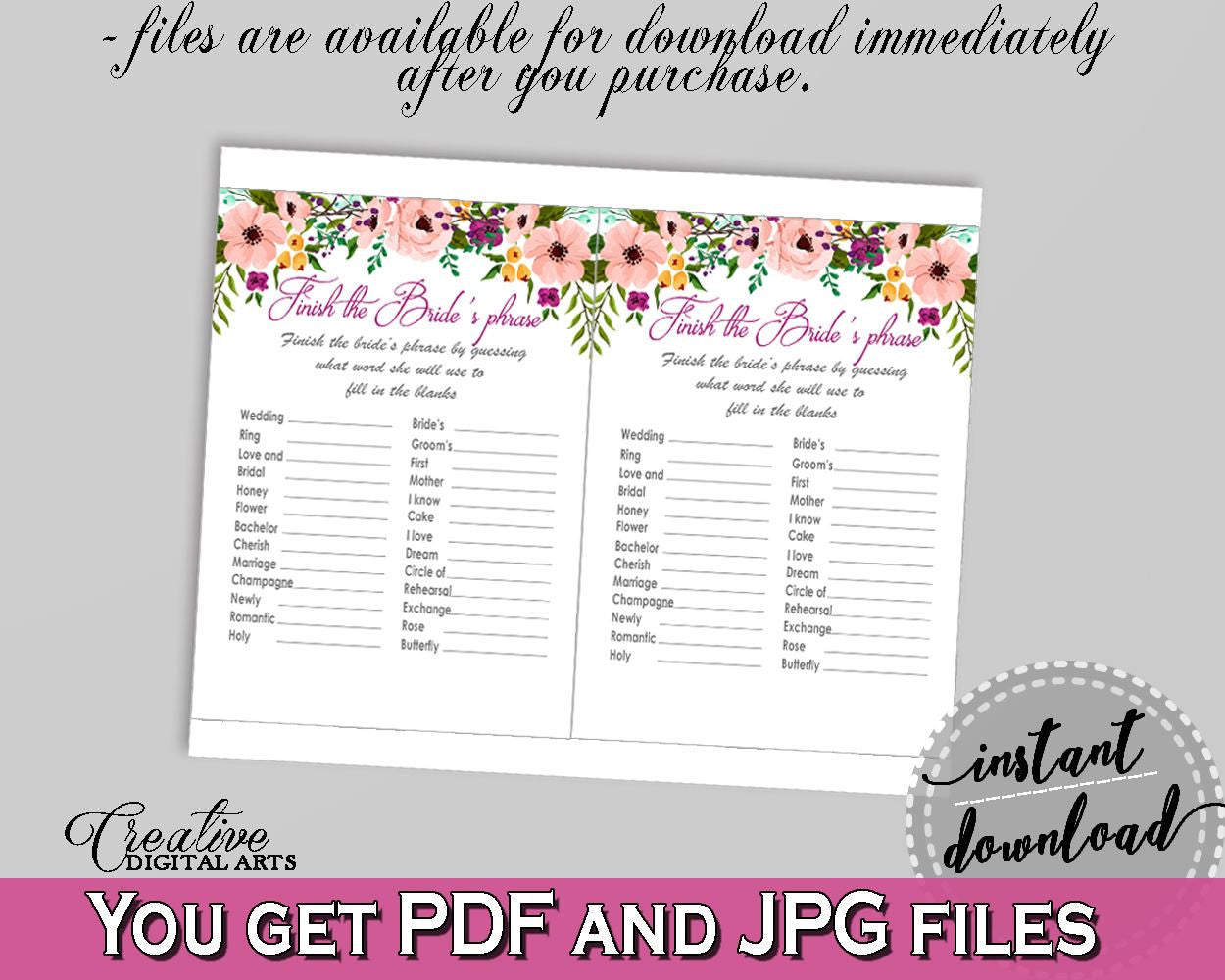 Finish The Bride's Phrase Game in Watercolor Flowers Bridal Shower White And Pink Theme, finalize the phrase, party planning - 9GOY4 - Digital Product