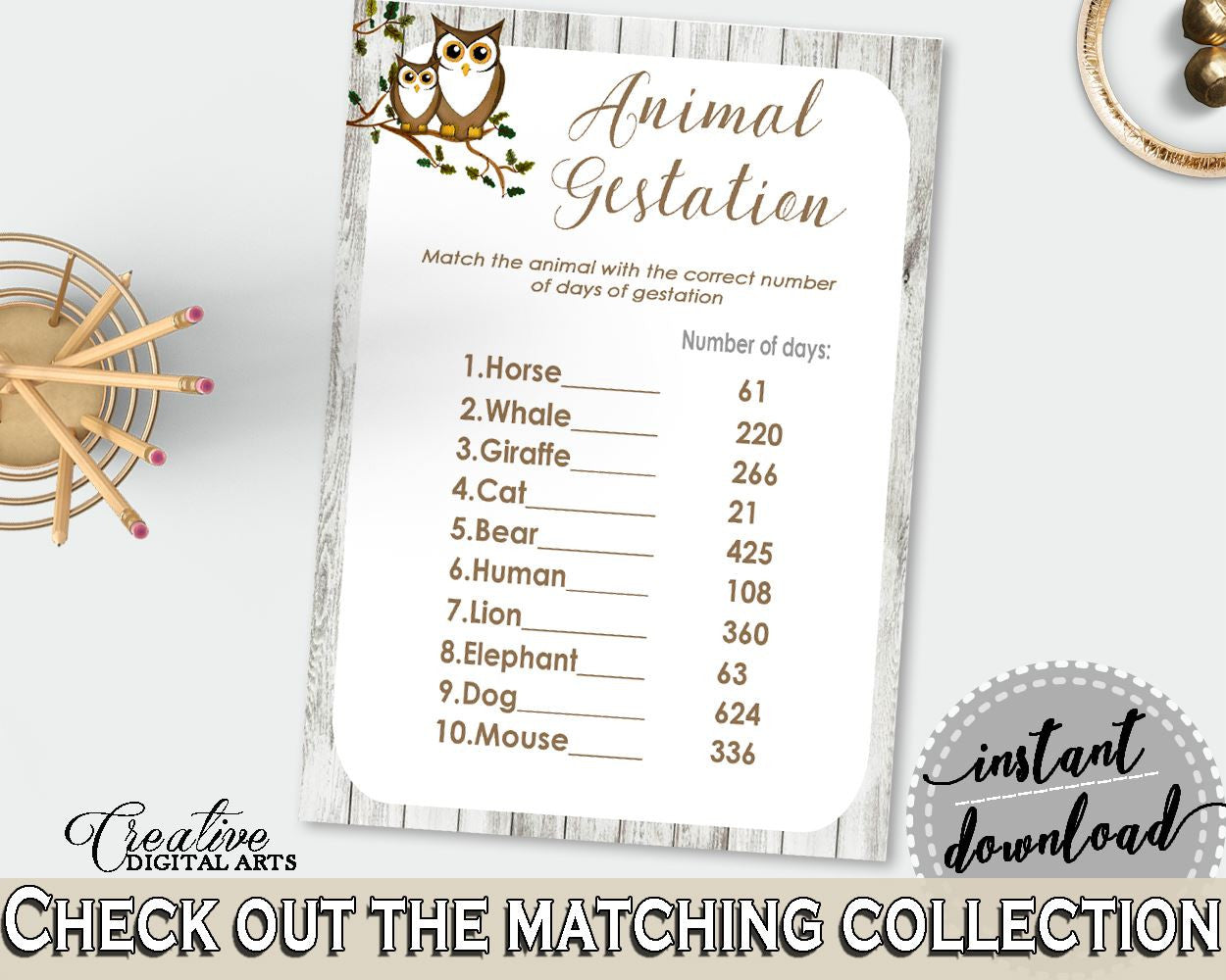 Animal Gestation Baby Shower Animal Gestation Owl Baby Shower Animal Gestation Baby Shower Owl Animal Gestation Gray Brown prints 9PUAC - Digital Product