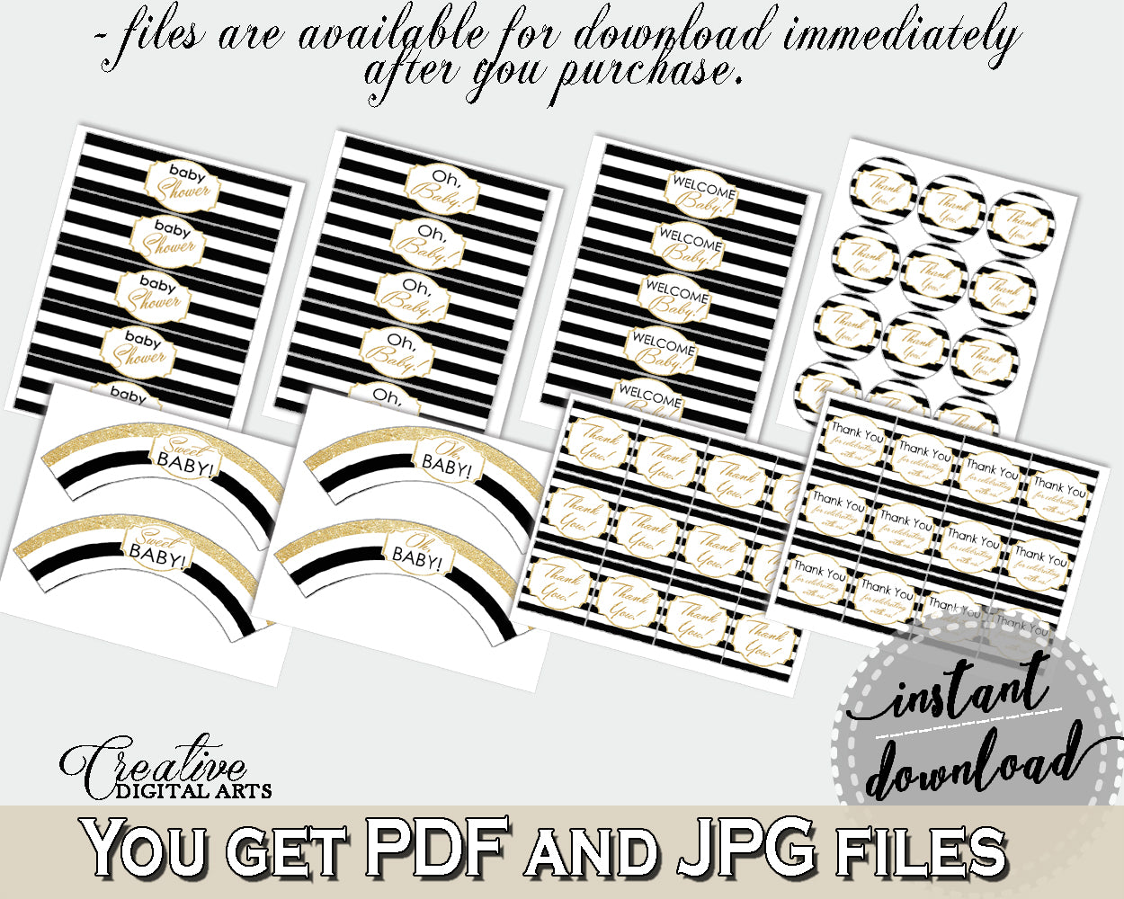 Baby Shower Decoration package bundle printable with Black Stripes for girls or boys, digital Jpg Pdf - Instant Download - bs001