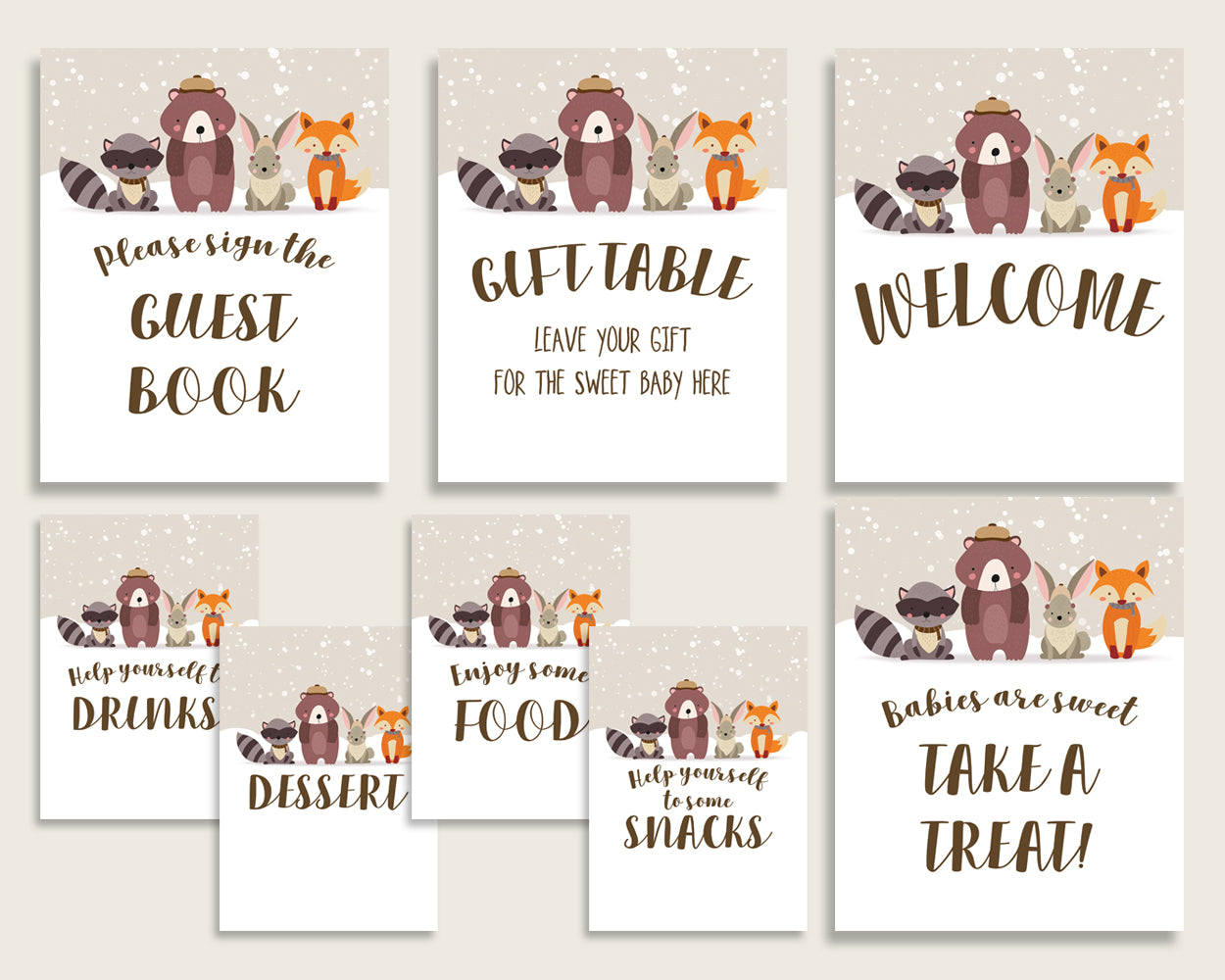 Winter Woodland Baby Shower Gender Neutral Table Signs Printable, Beige Brown Party Table Decor, Favors, Food, Drink, Treat, Guest RM4SN