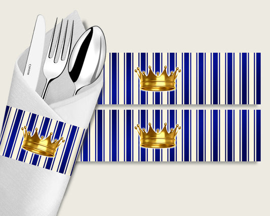 Royal Prince Baby Shower Napkin Rings Printable, Blue Gold Napkin Wrappers, Boy Shower Utensils Wrap, Instant Download, Royal Blue rp001