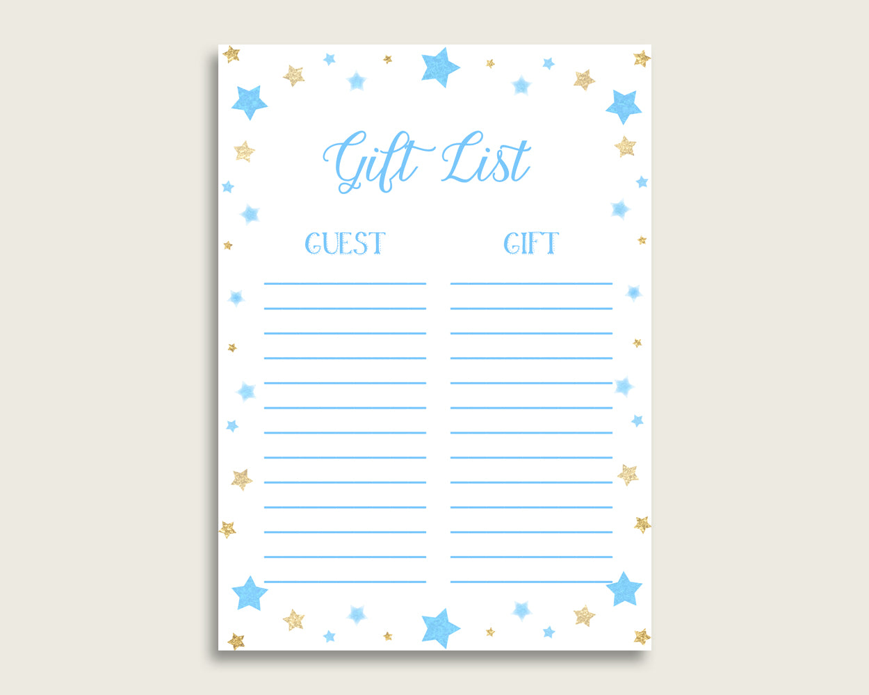 Stars Baby Shower Gift List, Blue Gold Gift List Printable, Boy Baby Shower Gift Checklist Sheet, Instant Download, Most Popular bsr01