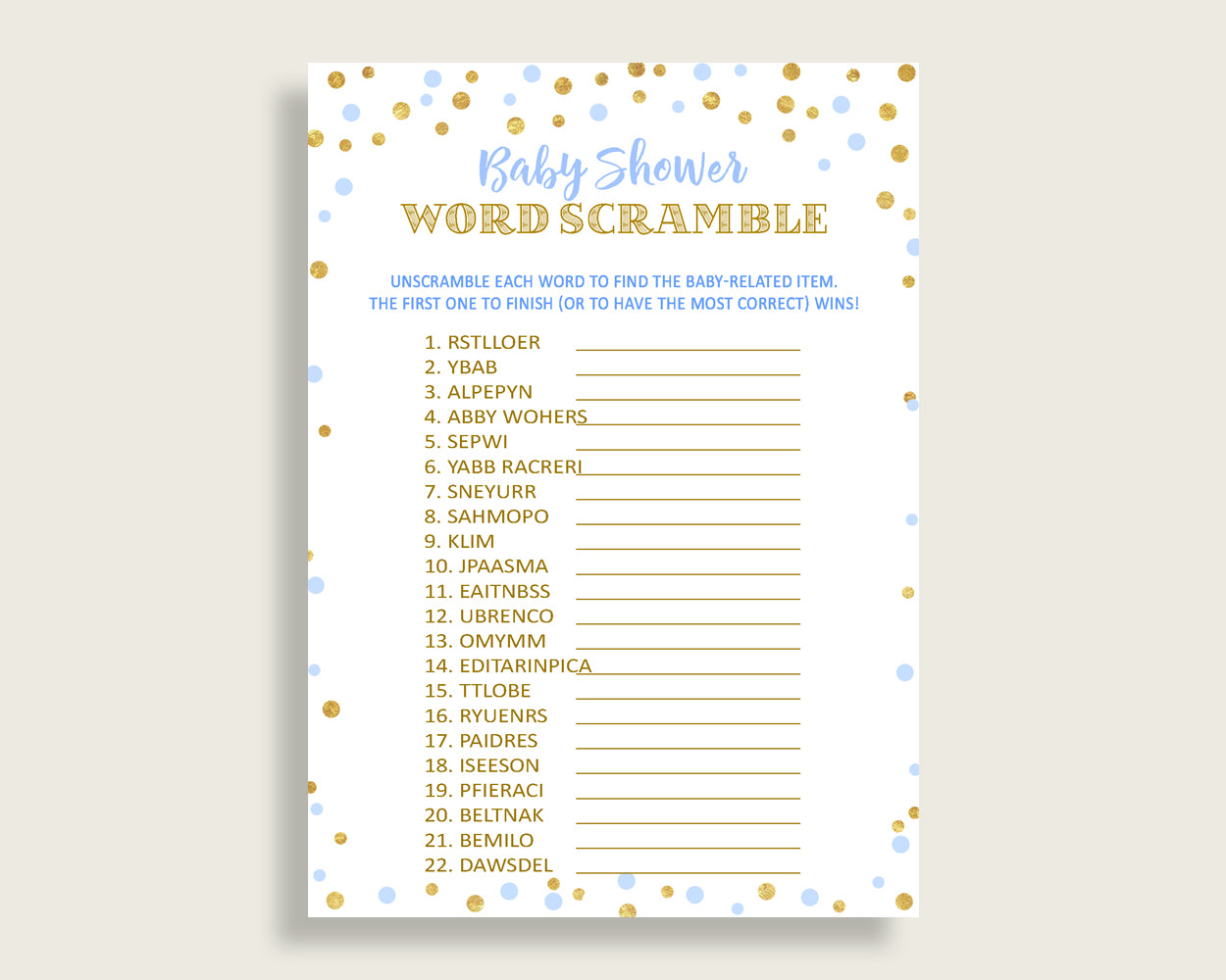 Word Scramble Baby Shower Word Scramble Confetti Baby Shower Word Scramble Blue Gold Baby Shower Confetti Word Scramble party ideas cb001