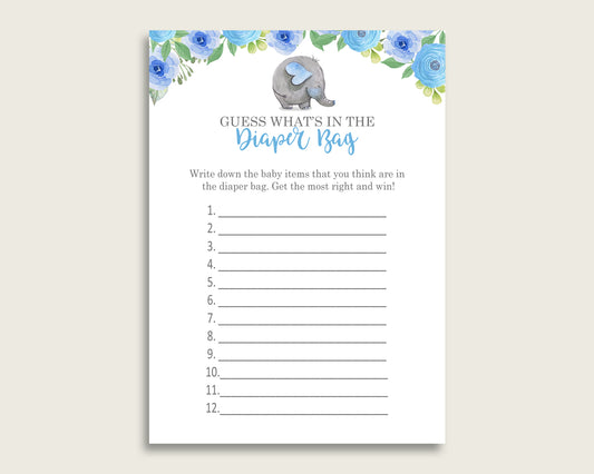 Elephant Blue Guess What's In The Diaper Bag Game, Boy Baby Shower Blue Gray Diaper Game Printable, Instant Download, Cute Elephant, ebl01