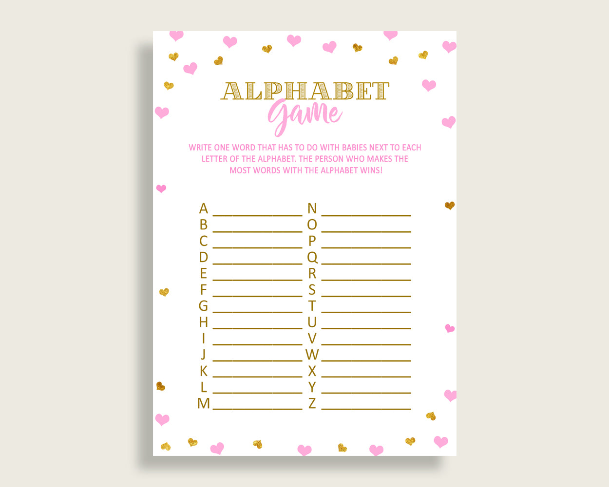 Alphabet Game Baby Shower Abc Game Hearts Baby Shower Alphabet Game Baby Shower Hearts Abc Game Pink Gold party supplies pdf jpg bsh01