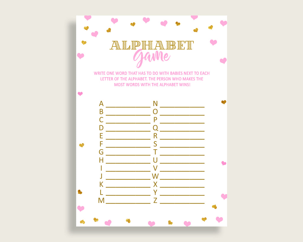Alphabet Game Baby Shower Abc Game Hearts Baby Shower Alphabet Game Baby Shower Hearts Abc Game Pink Gold party supplies pdf jpg bsh01