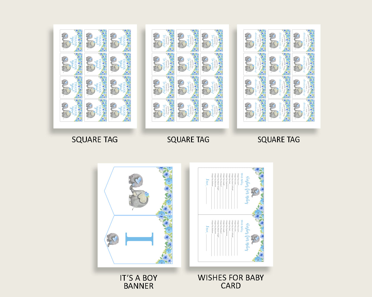 Blue Gray Baby Shower Decorations Boy Kit, Elephant Blue Baby Shower Party Package Printable, Instant Download, Africa or Jungle ebl01