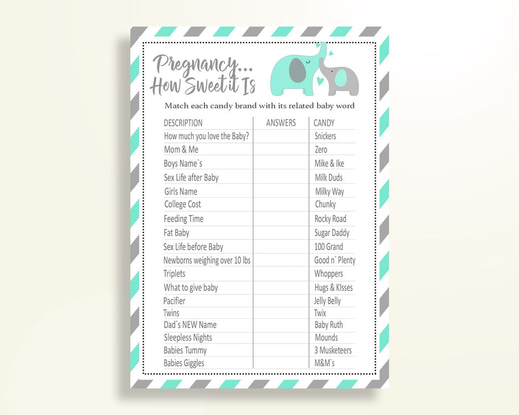 Candy Bar Game Baby Shower Candy Bar Game Turquoise Baby Shower Candy Bar Game Baby Shower Elephant Candy Bar Game Green Gray prints 5DMNH - Digital Product