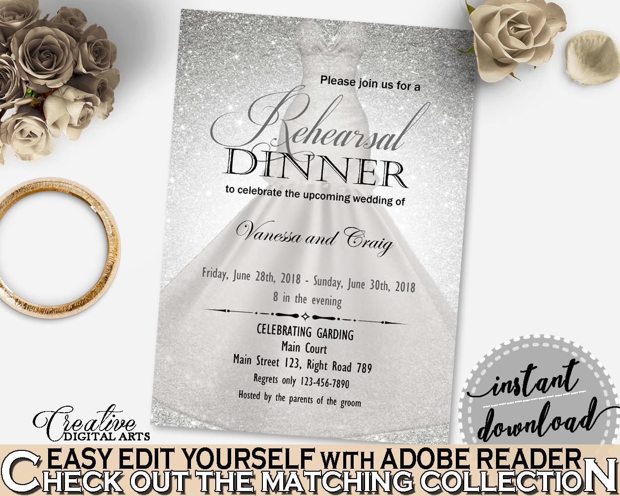 Silver And White Silver Wedding Dress Bridal Shower Theme: Rehearsal Dinner Invitation Editable - rehearsal invitation, pdf jpg - C0CS5 - Digital Product