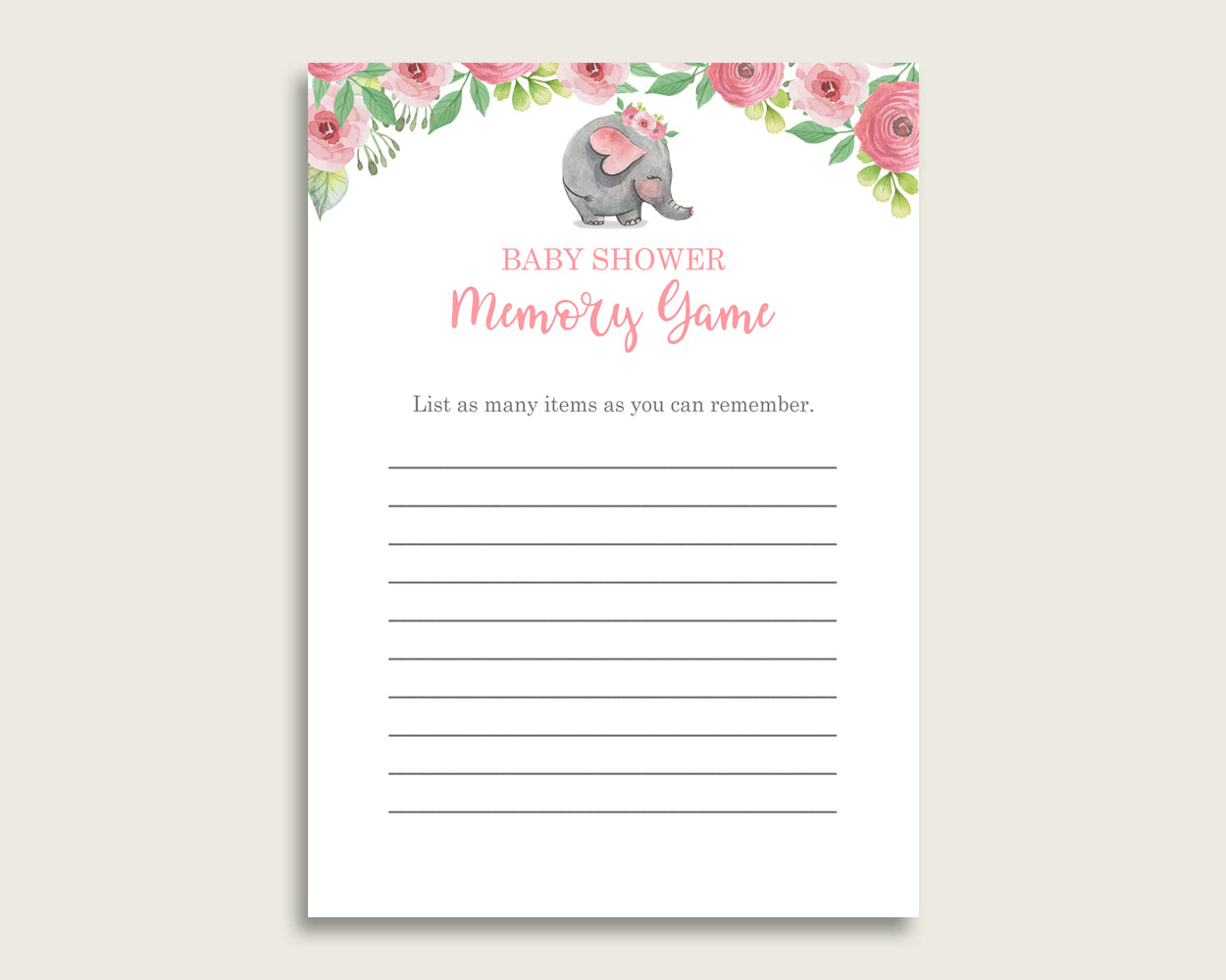 Pink Elephant Baby Shower Memory Game, Pink Grey Memory Guessing Game Printable, Baby Shower Girl, Instant Download, Botanical Garden ep001