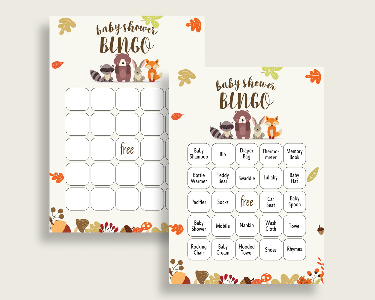 Woodland Baby Shower Bingo Cards Printable, Brown Beige Baby Shower Gender Neutral, 60 Prefilled Bingo Game Cards, Bear Forest w0001