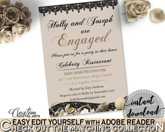 Brown And Beige Seashells And Pearls Bridal Shower Theme: Engaged Invitation Editable - engagement party, printable files, prints - 65924 - Digital Product