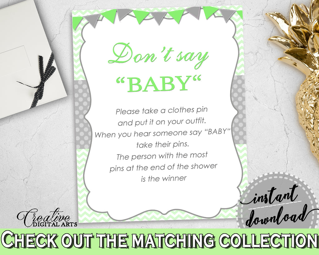 DON'T SAY BABY game for baby shower with chevron green neutral theme printable, digital files, Jpg Pdf, instant download - cgr01