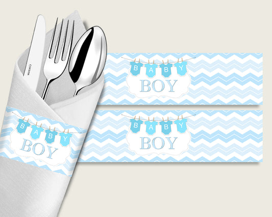 Chevron Baby Shower Napkin Rings Printable, Blue White Napkin Wrappers, Boy Shower Utensils Wrap, Instant Download, Stripy Lines cbl01