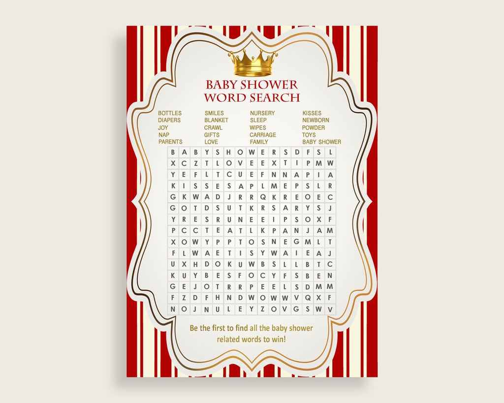 Prince Word Search Game, Red Gold Baby Shower Word Search Cards Printable, Boy Baby Shower Activities, Hidden Words, Instant Download, 92EDX