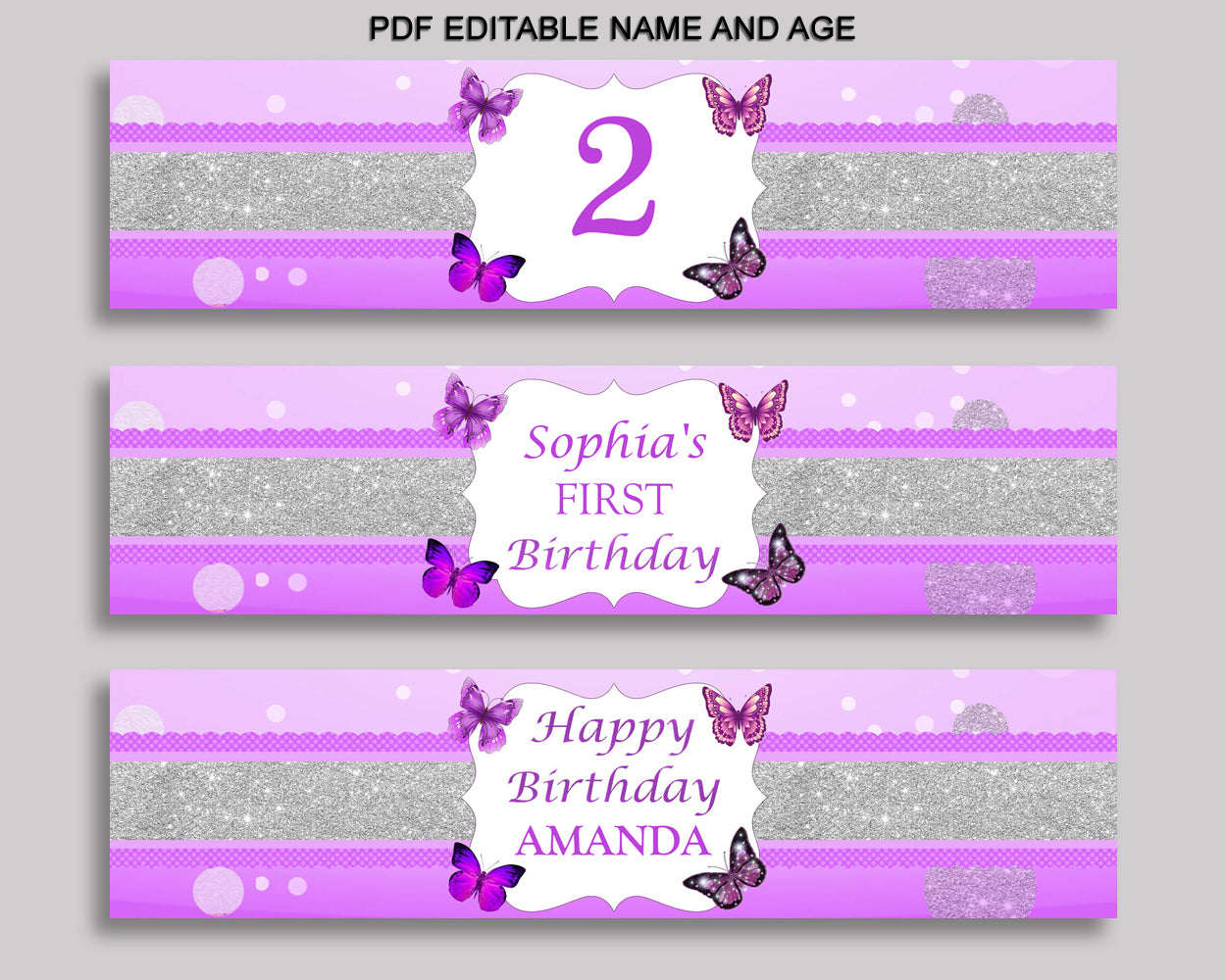 Butterfly Bottle Labels Purple White Editable Wraps Butterfly Birthday Labels Butterfly Bottle Wraps Girl OHI62