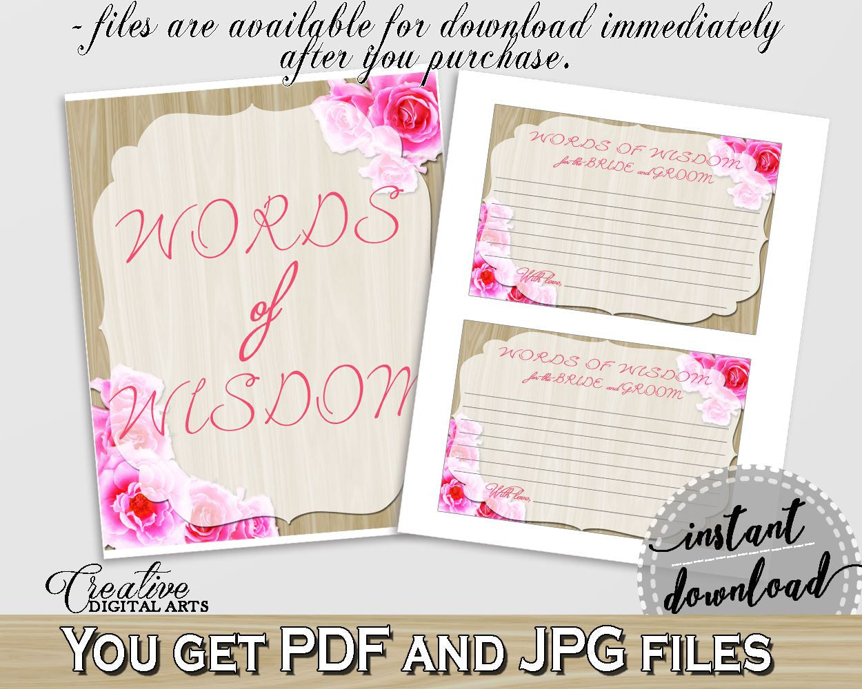 Words Of Wisdom For The Bride And Groom in Roses On Wood Bridal Shower Pink And Beige Theme, advice for newlyweds, pdf jpg, prints - B9MAI - Digital Product