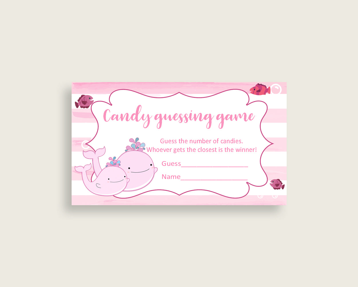 Pink White Candy Guessing Game, Pink Whale Baby Shower Girl Sign And Cards, Guess How Many Candies, Candy Jar Game, Jelly Beans wbl02