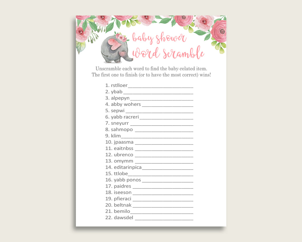 Girl Baby Shower Word Scramble Game Printable, Cute Pink Elephant Pink Grey Word Scramble, Funny Activity, Instant Download, ep001