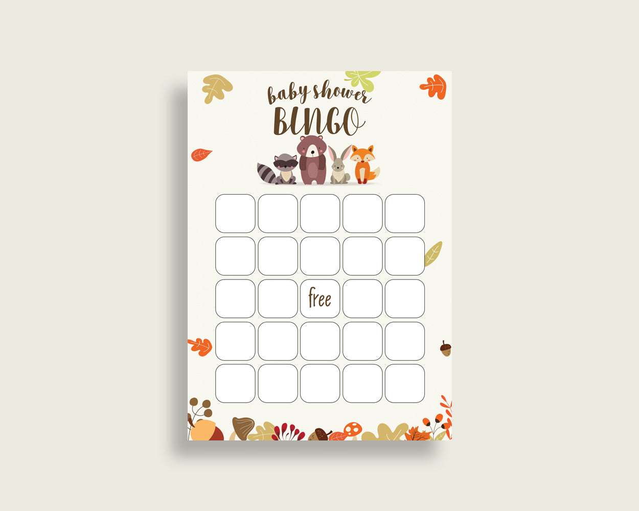 Woodland Baby Shower Bingo Cards Printable, Brown Beige Baby Shower Gender Neutral, 60 Prefilled Bingo Game Cards, Bear Forest w0001