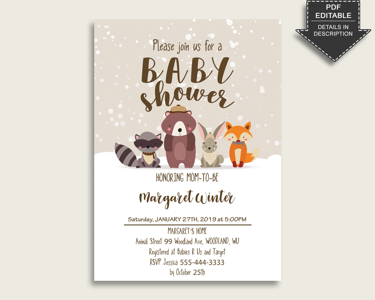 Winter Woodland Baby Shower Invitations Printable, Digital Or Printed Invitation Baby Shower Gender Neutral, Editable Invitation Beige RM4SN