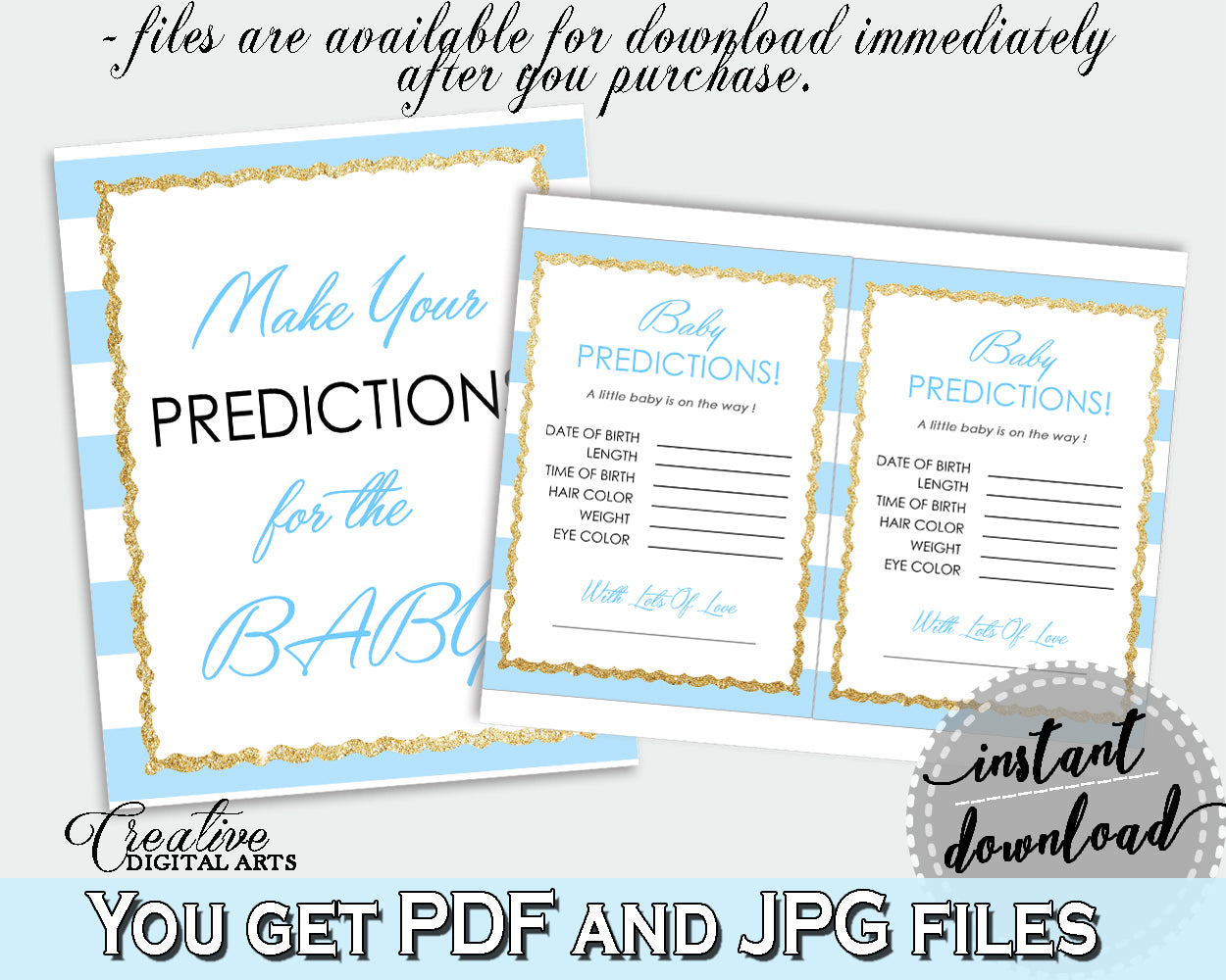 PREDICTIONS FOR BABY printable activity sign and cards for baby shower with blue and white stripes theme, instant download - bs002