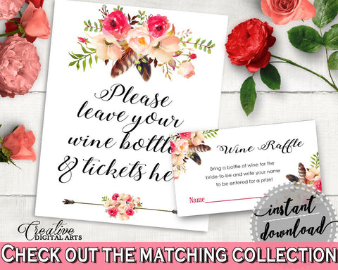 Bohemian Flowers Bridal Shower Wine Raffle in Pink And Red, wine instead card, premium bridal, party planning, party stuff, prints - 06D7T - Digital Product