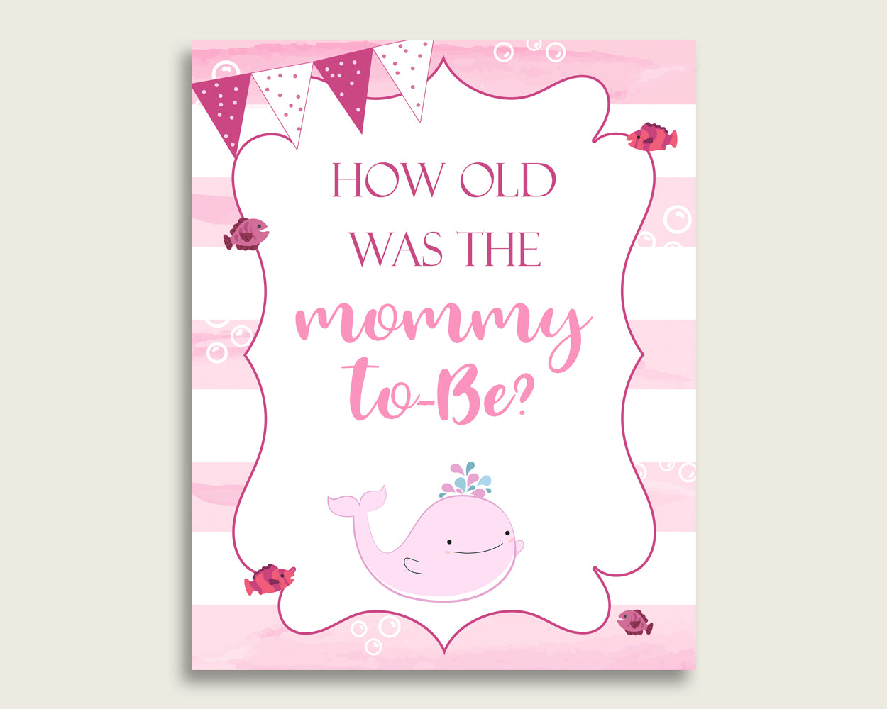 Pink White How Old Was The Mommy To Be, Girl Baby Shower Game Printable, Pink Whale Guess Mommy's Age Game, Instant Download, Popular wbl02