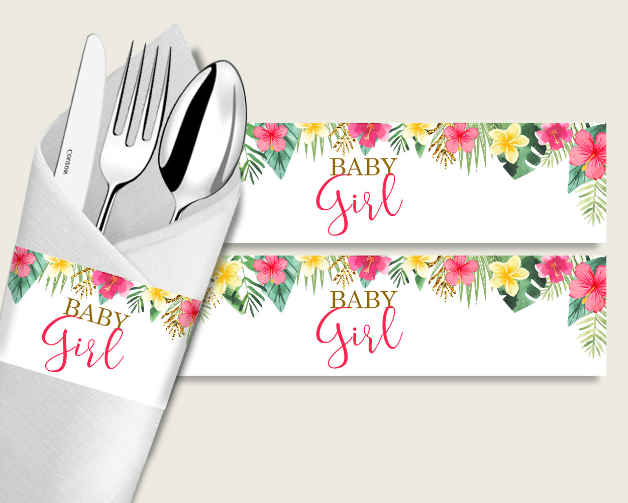 Hawaiian Baby Shower Napkin Rings Printable, Pink Green Napkin Wrappers, Girl Shower Utensils Wrap, Instant Download, Luau Aloha 955MG