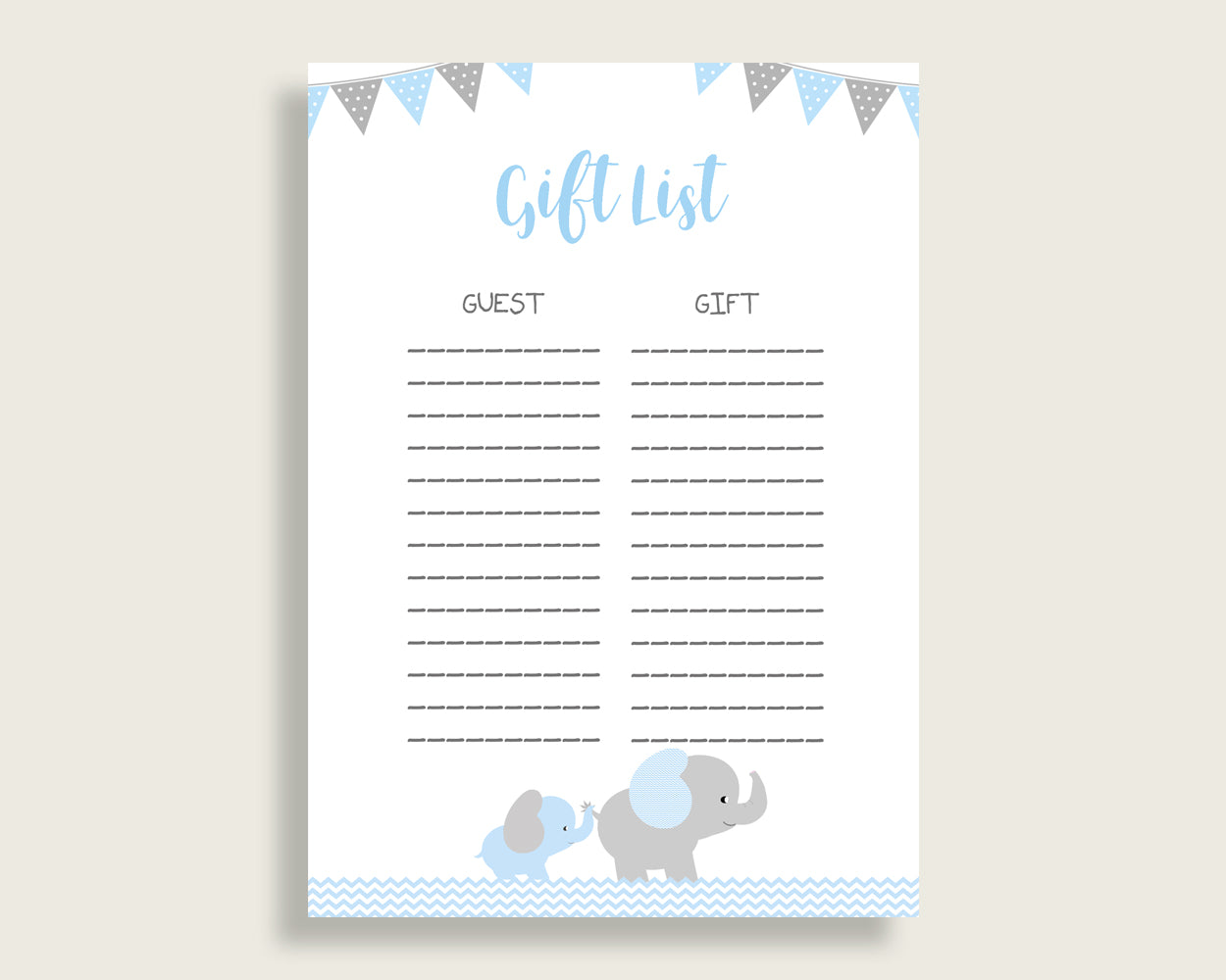 Elephant Baby Shower Gift List, Blue Grey Gift List Printable, Boy Baby Shower Gift Checklist Sheet, Instant Download, Chevron Theme ebl02