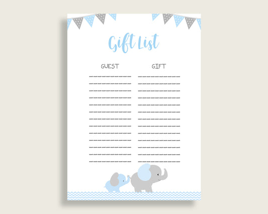 Elephant Baby Shower Gift List, Blue Grey Gift List Printable, Boy Baby Shower Gift Checklist Sheet, Instant Download, Chevron Theme ebl02