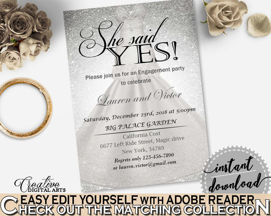 Silver Wedding Dress Bridal Shower She Said Yes Invitation Editable in Silver And White, bridal invitation, shower celebration - C0CS5 - Digital Product