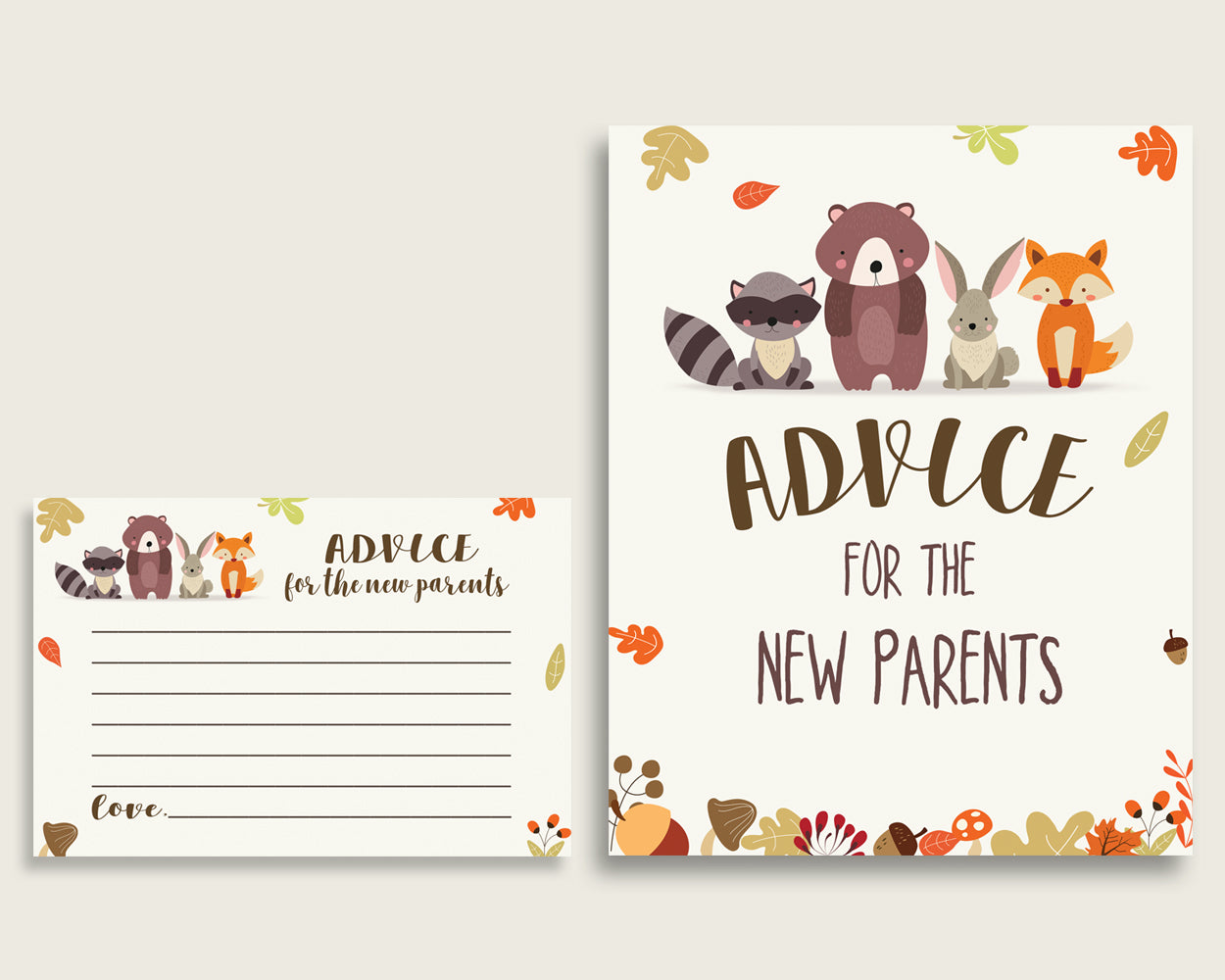 Woodland Advice For Mommy To Be Cards & Sign, Printable Baby Shower Brown Beige Advice For New Parents, Instant Download, Popular w0001