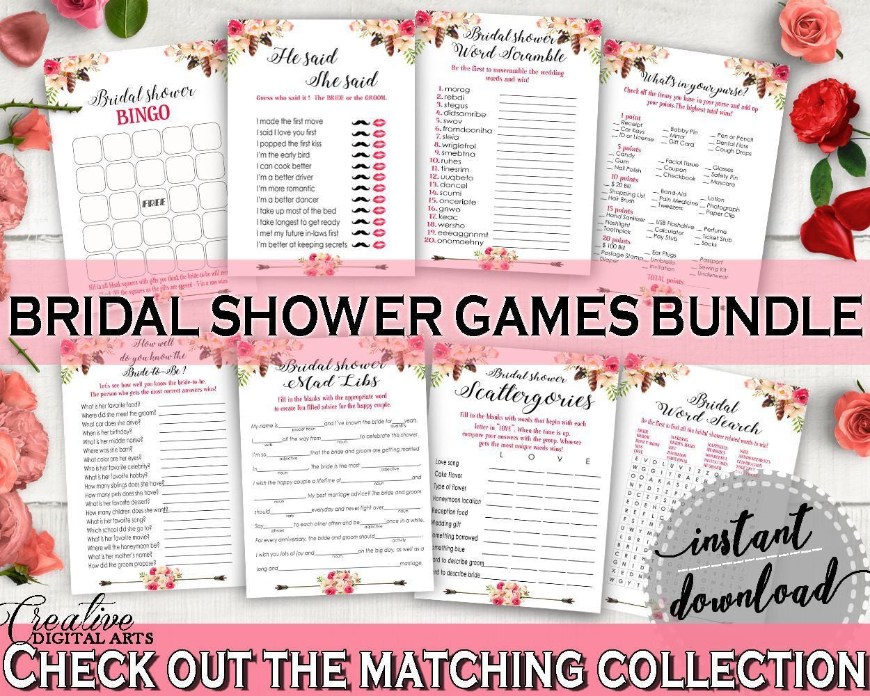 Pink And Red Bohemian Flowers Bridal Shower Theme: Games Bundle - games printable, tribal bohemian, bridal shower idea, party ideas - 06D7T - Digital Product