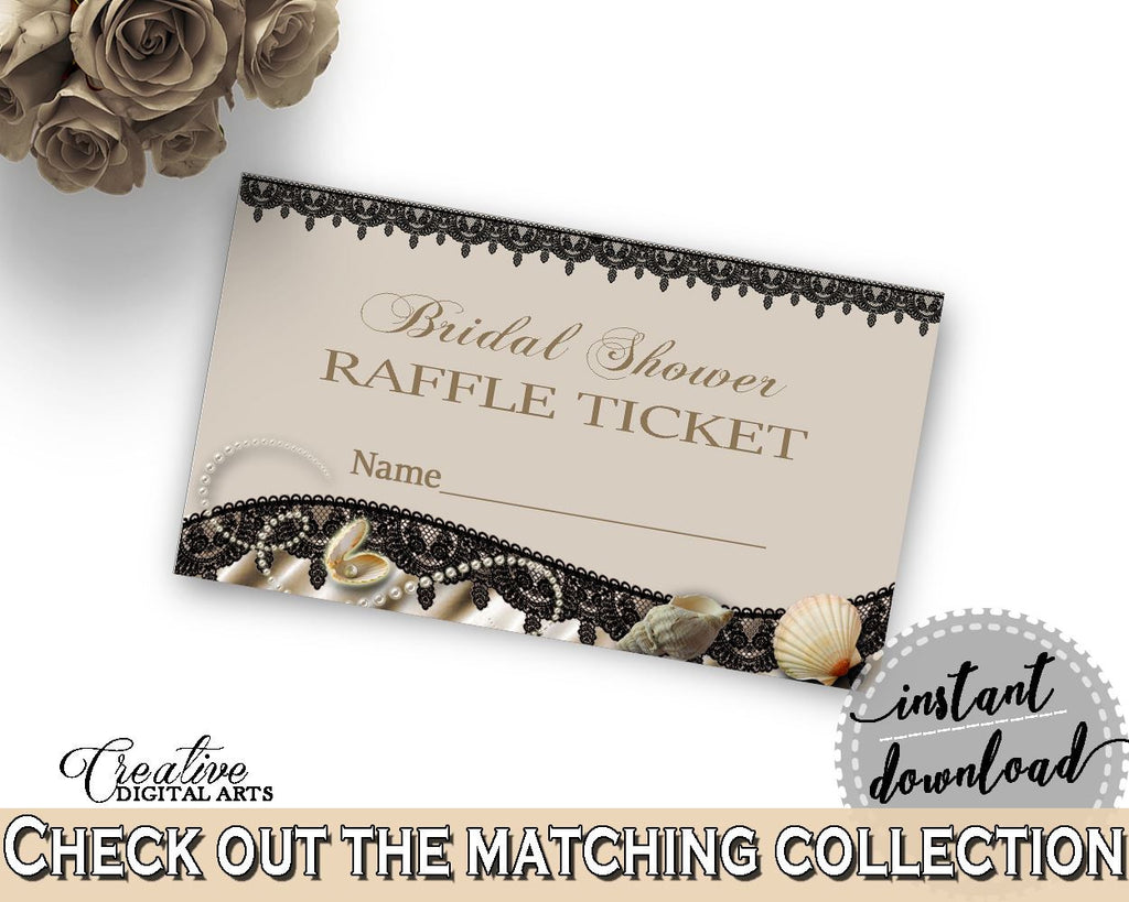 Raffle Ticket in Seashells And Pearls Bridal Shower Brown And Beige Theme, multi purpose, classy shower theme, party organization - 65924 - Digital Product
