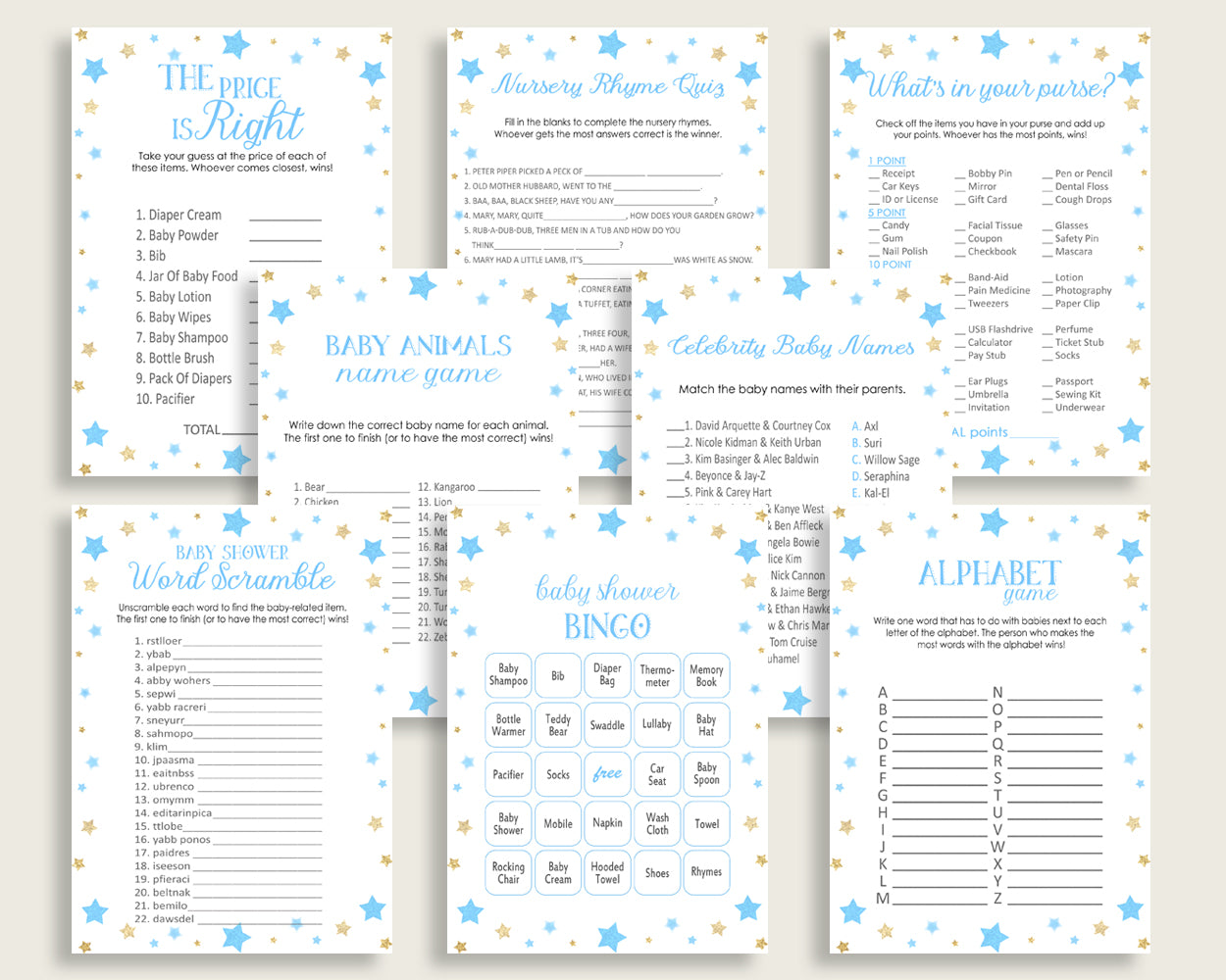 Stars Baby Shower Games Printable Pack, Blue Gold Baby Shower Games Package Boy, Stars Games Bundle Set, Instant Download, Little Star bsr01