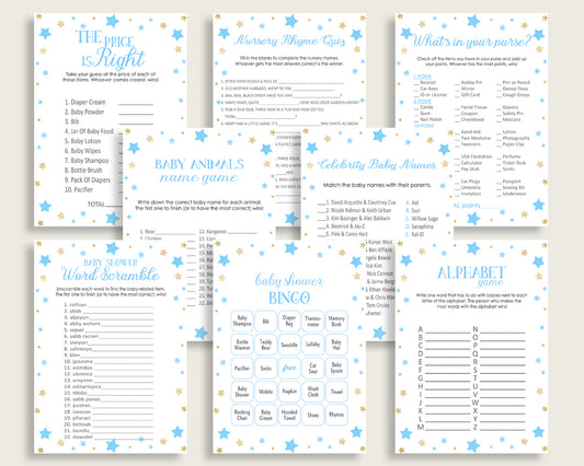 Stars Baby Shower Games Printable Pack, Blue Gold Baby Shower Games Package Boy, Stars Games Bundle Set, Instant Download, Little Star bsr01