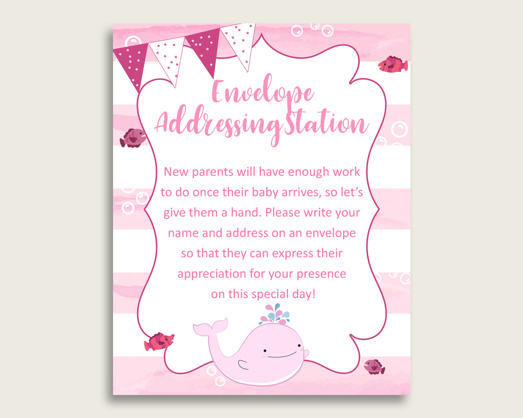 Pink White Baby Shower Address Sign Printable, Pink Whale Envelope Station Sign, Envelope Addressing Baby Shower Girl, Popular wbl02