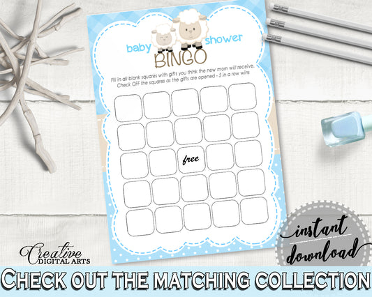 Blue Baby Shower Boy Little Lamb BINGO GIFT blank cards game, blue shower sheep theme, digital files Jpg Pdf, instant download - fa001