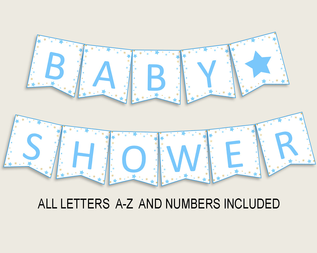 Stars Baby Shower Banner All Letters, Birthday Party Banner Printable A-Z, Blue Gold Banner Decoration Letters Boy, Moon Glitter Stars bsr01