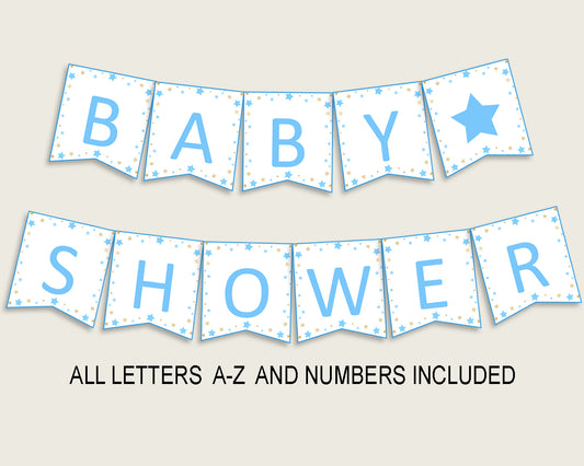 Stars Baby Shower Banner All Letters, Birthday Party Banner Printable A-Z, Blue Gold Banner Decoration Letters Boy, Moon Glitter Stars bsr01