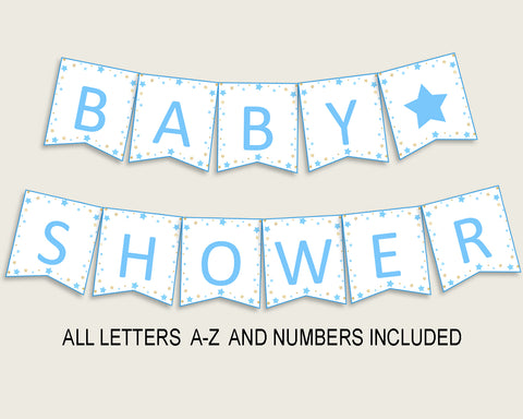 Stars Baby Shower Banner All Letters, Birthday Party Banner Printable A-Z, Blue Gold Banner Decoration Letters Boy, Moon Glitter Stars bsr01