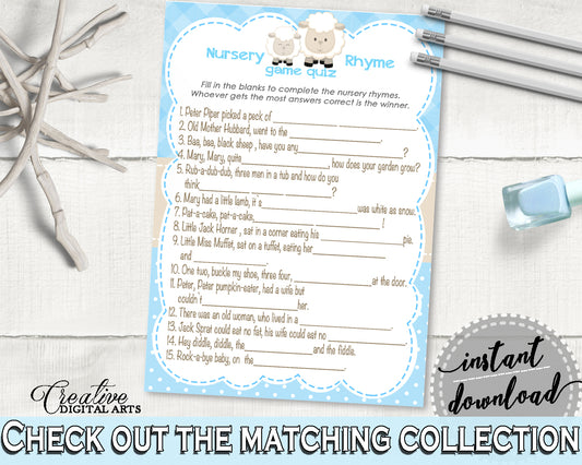 Little Lamb NURSERY RHYME QUIZ game blue baby shower boy printable, sheep baby shower, digital files Jpg Pdf, instant download - fa001