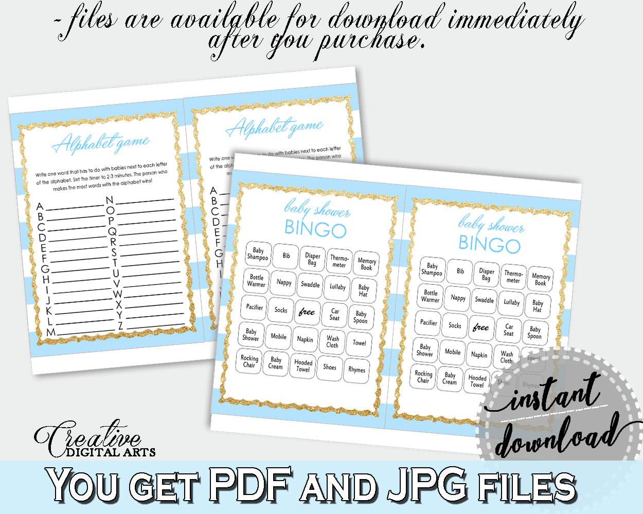 Baby Shower printable games package bundle, glitter gold title with blue and white stripes, 8 games pack pdf jpg - Instant Download - bs002