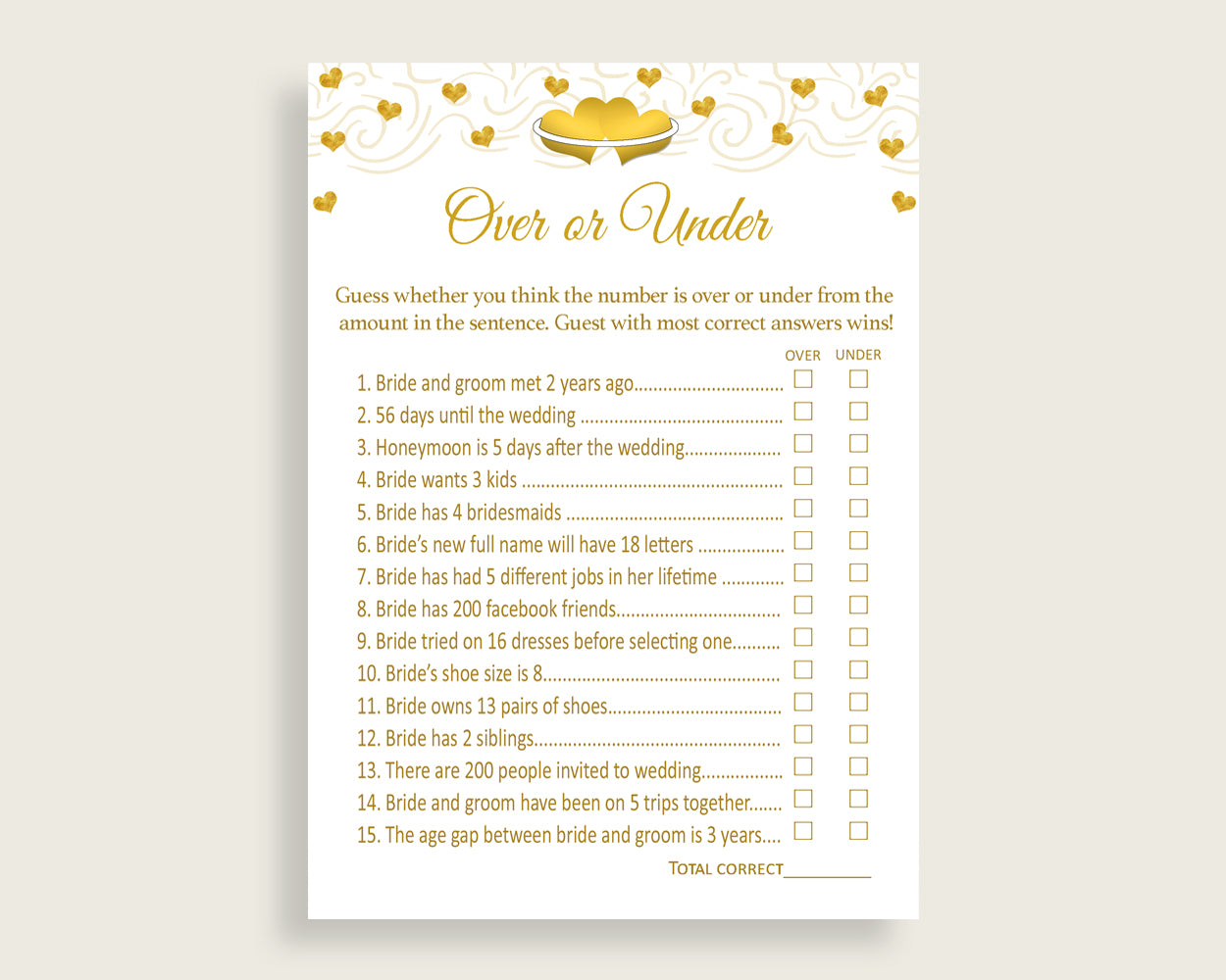 Over Or Under Bridal Shower Over Or Under Gold Hearts Bridal Shower Over Or Under Bridal Shower Gold Hearts Over Or Under White Gold 6GQOT